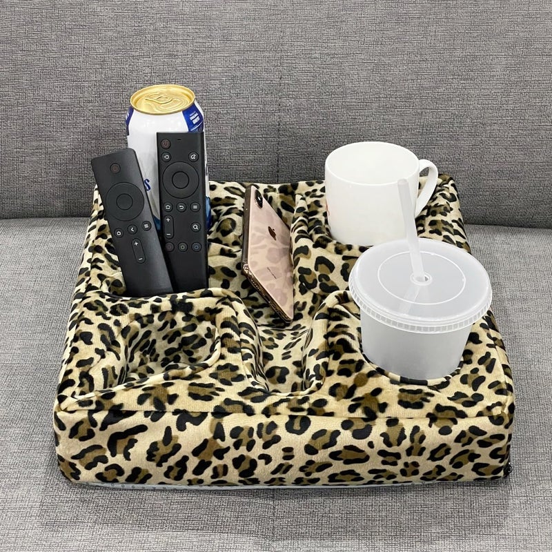 Xchouxer Couch and Bed Cup Holder Pillow, Sofa Refreshment Tray for Drinks/Remote Control/Snacks Holder (Leopard) - Image 5